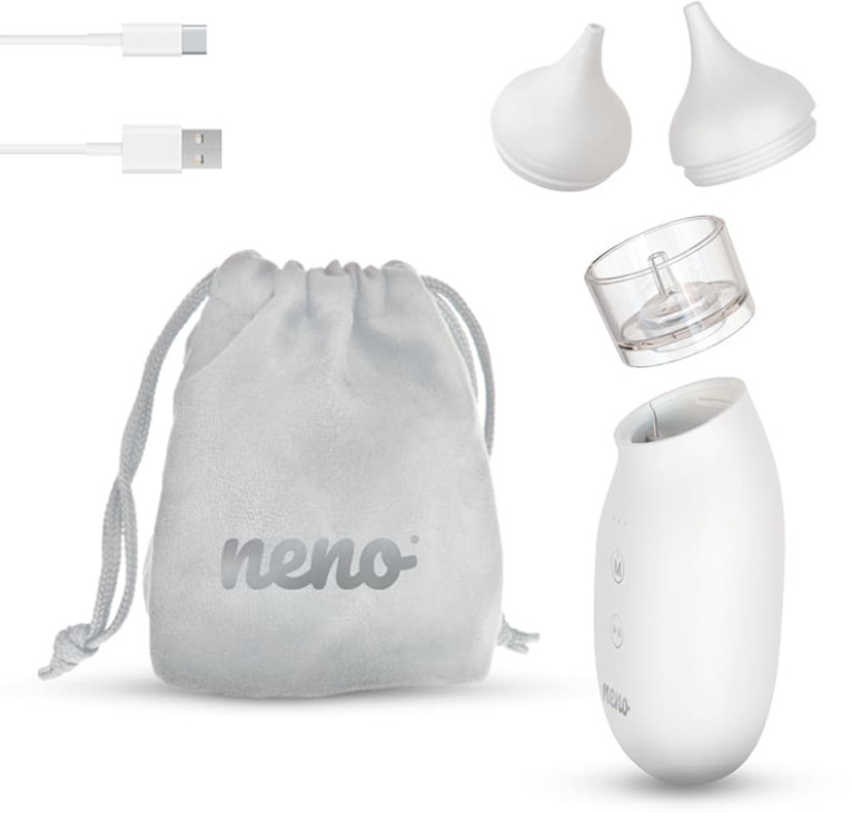 Aspirator do nosa dla dziecka i jego akcesoria, w tym dwa kable do ładowania.