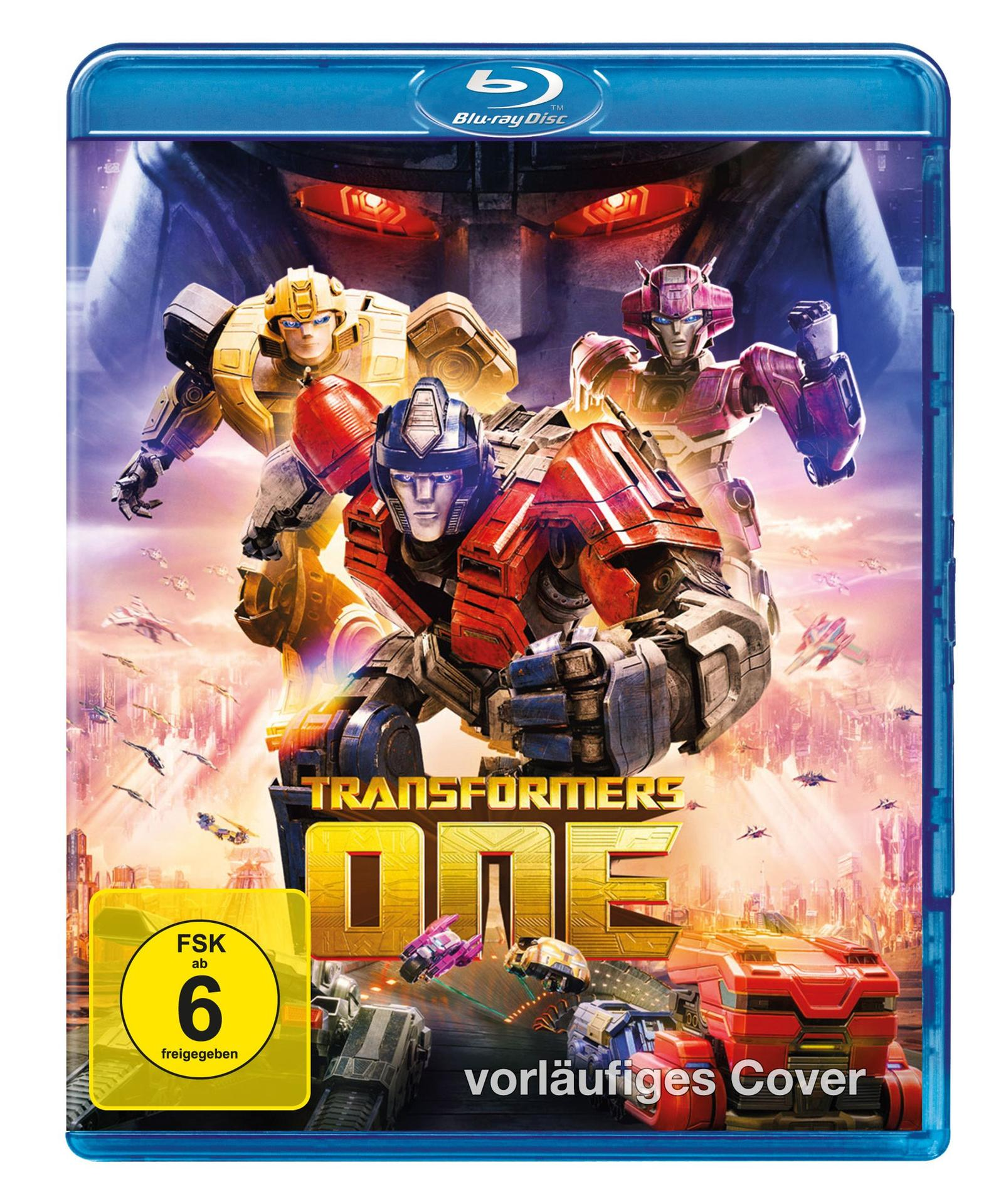 Blu-ray-Cover: Transformers One-Filmplakat mit Robotern und Stadtbild. Blaue Hülle, gelbes Bewertungsschild.