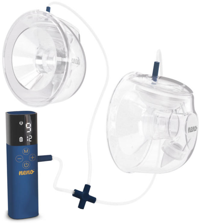 Niebiesko-biała elektryczna pompa do piersi z dwoma kubkami zbierającymi i rurkami.