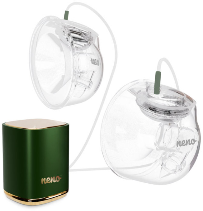 Laktator z dwoma przezroczystymi kubkami, zieloną pompką i złotą podstawą, na białym tle.