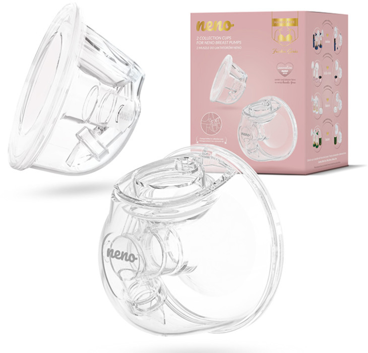 Przezroczyste plastikowe części laktatora i różowe pudełko ze szczegółami produktu na białym tle.