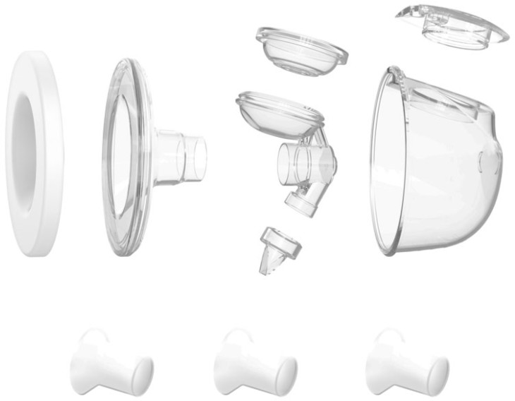 Rozłożone części laktatora. Zawiera kołnierze, zawory i butelki. Wszystkie elementy są przezroczyste.