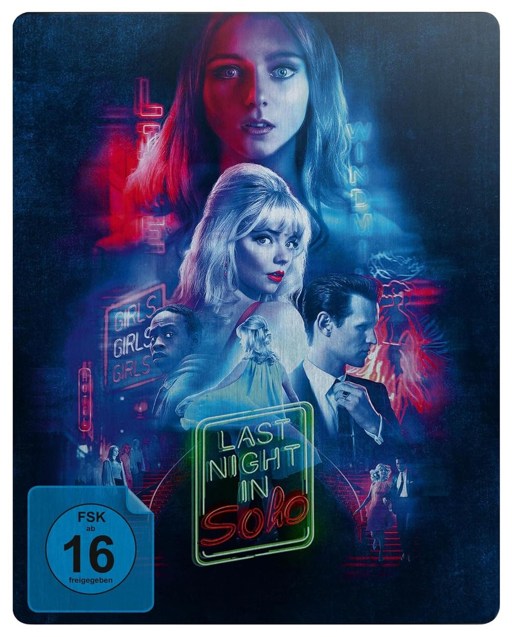 Filmposter für 'Last Night in Soho'. Mit Anya Taylor-Joy, Neonlichtern und einer Vintage-Filmästhetik.