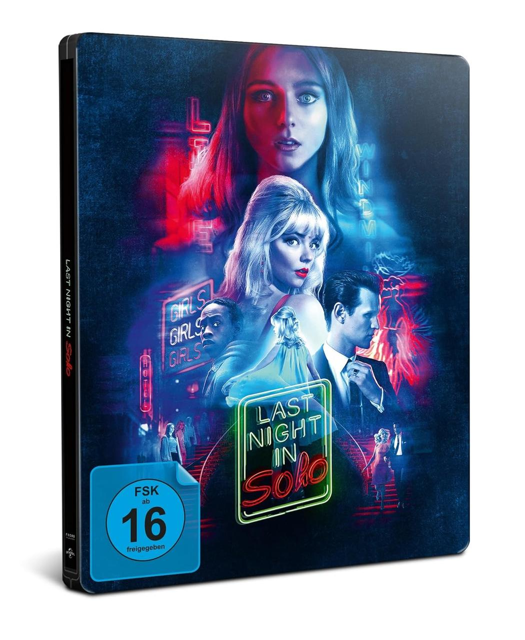 DVD-Cover für 'Last Night in Soho', mit Schauspielern und Neon-Schild.