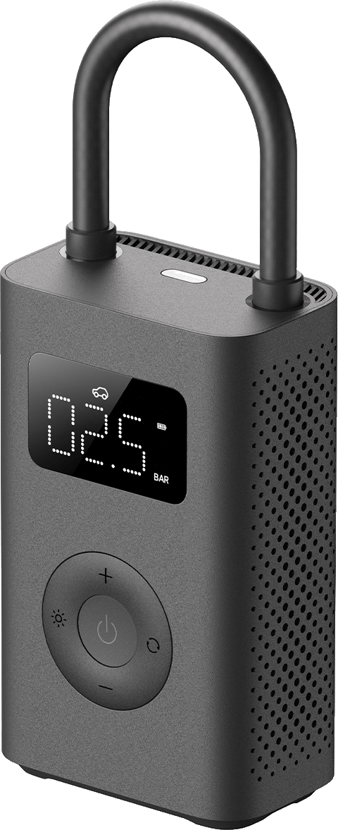 Un gonfiatore per pneumatici portatile grigio scuro con display digitale e ugello.