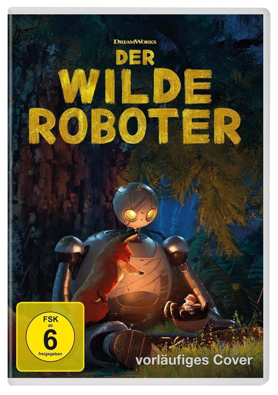 DVD-Cover für den Film "Der Wilde Roboter". Zeigt einen Roboter und ein Eichhörnchen in einem Wald.