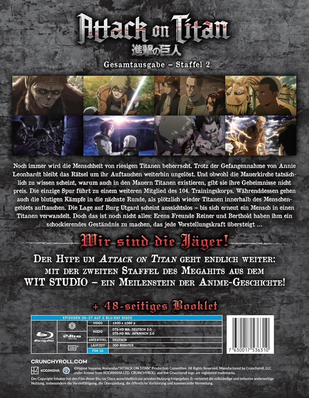 Die Rückseite einer Attack on Titan Blu-ray Disc. Sie zeigt Bilder von Charakteren und Text in Japanisch und Englisch.
