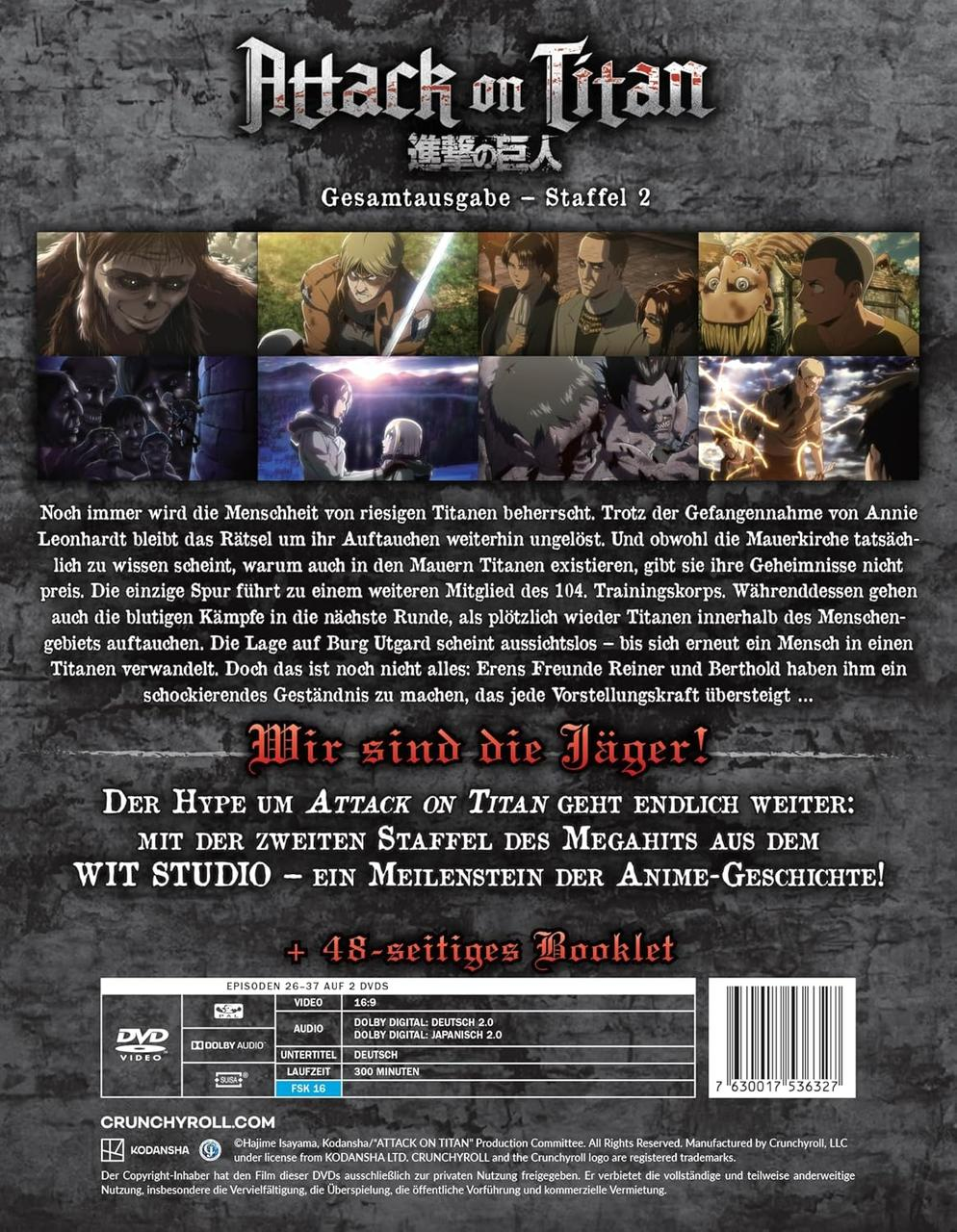 Rückseite der Attack on Titan Staffel 2 DVD mit Bildern.