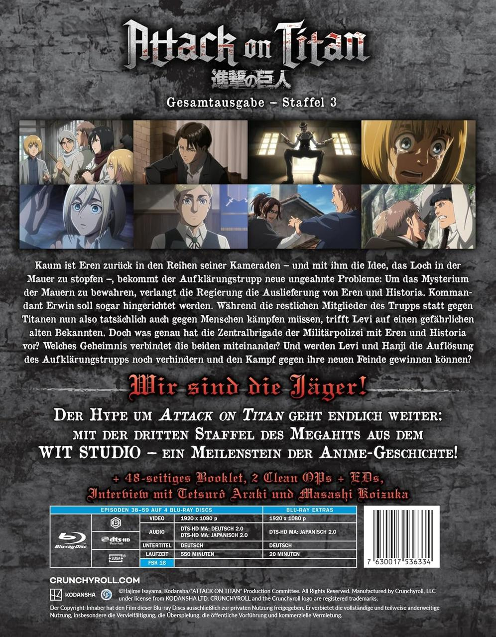 Cover von Attack on Titan Anime Staffel 3 Blu-ray. Charaktere werden gezeigt. Rückseite des Covers.