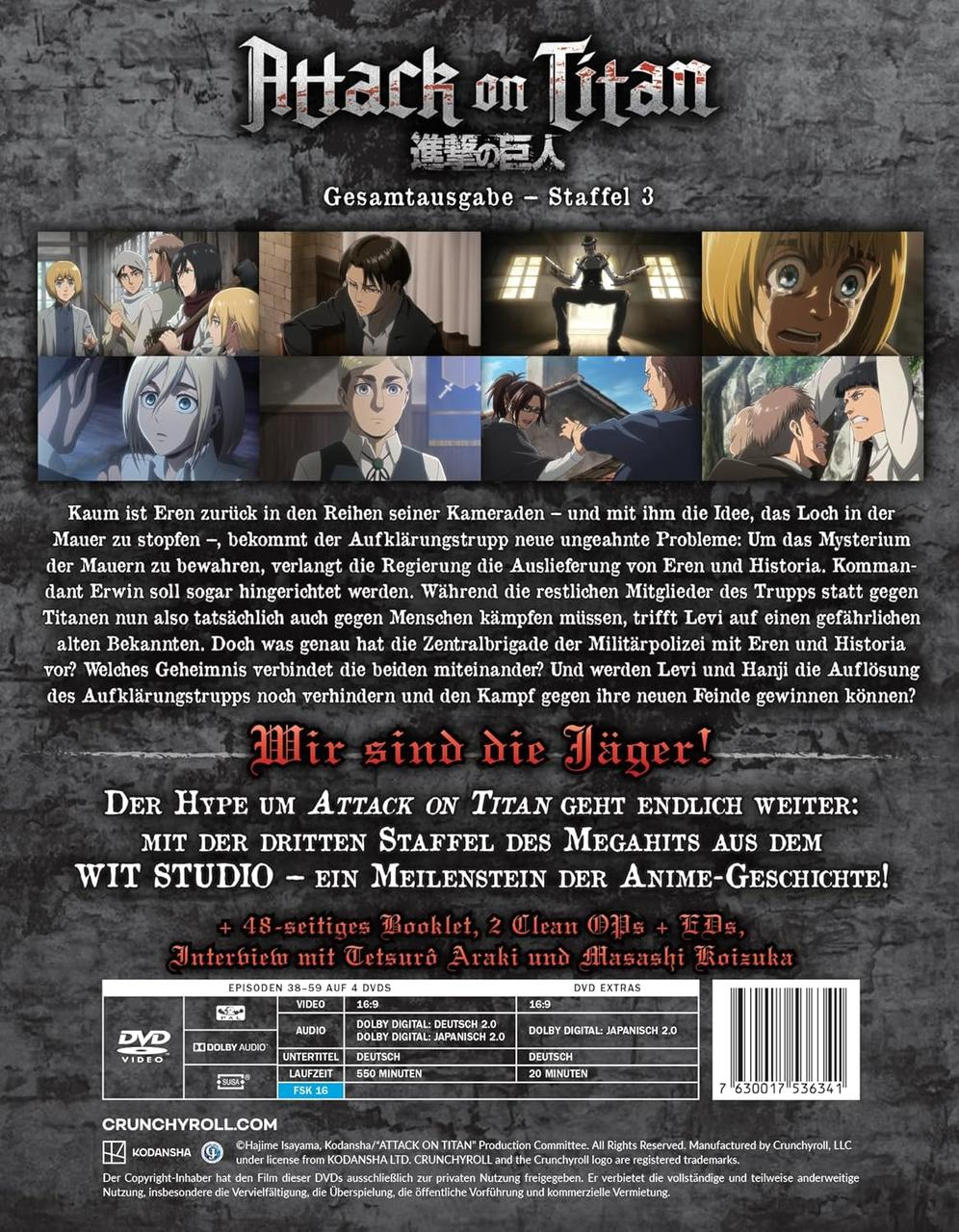 Rückseite von Attack on Titan: Staffel 3, mit Bildern und Text.