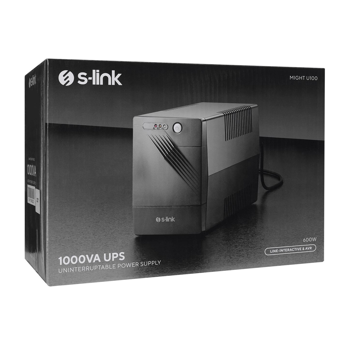 Siyah UPS kutusu. Metin: 1000VA UPS. Hat etkileşimli ve AVR. 600W.