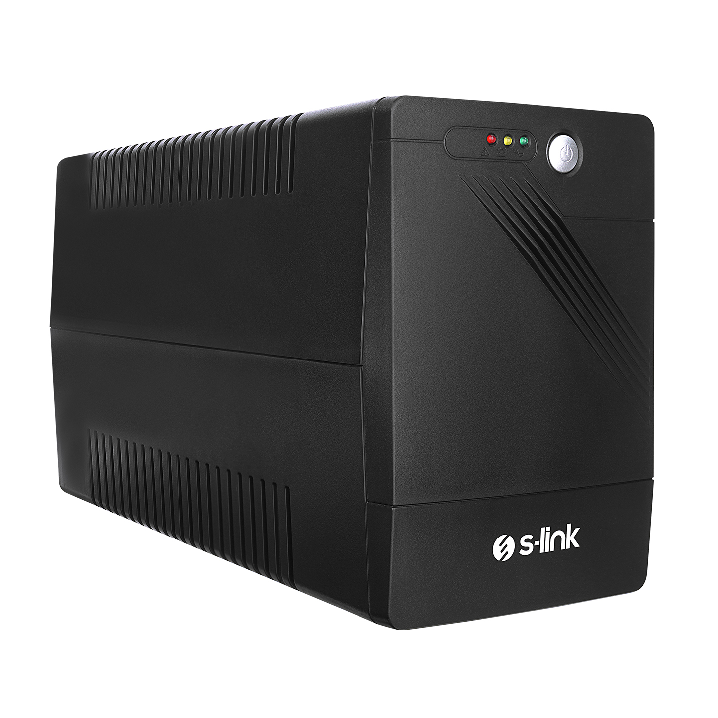 Siyah bir UPS cihazı. Bir güç düğmesi, durum ışıkları ve marka logosu var.