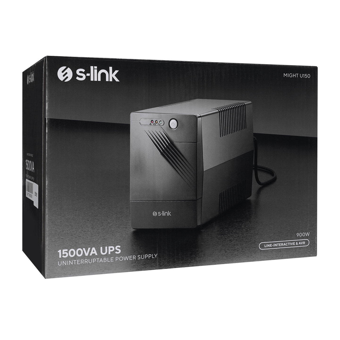 Kutuda siyah bir UPS. Kutu, s-link logosuyla siyah renktedir.