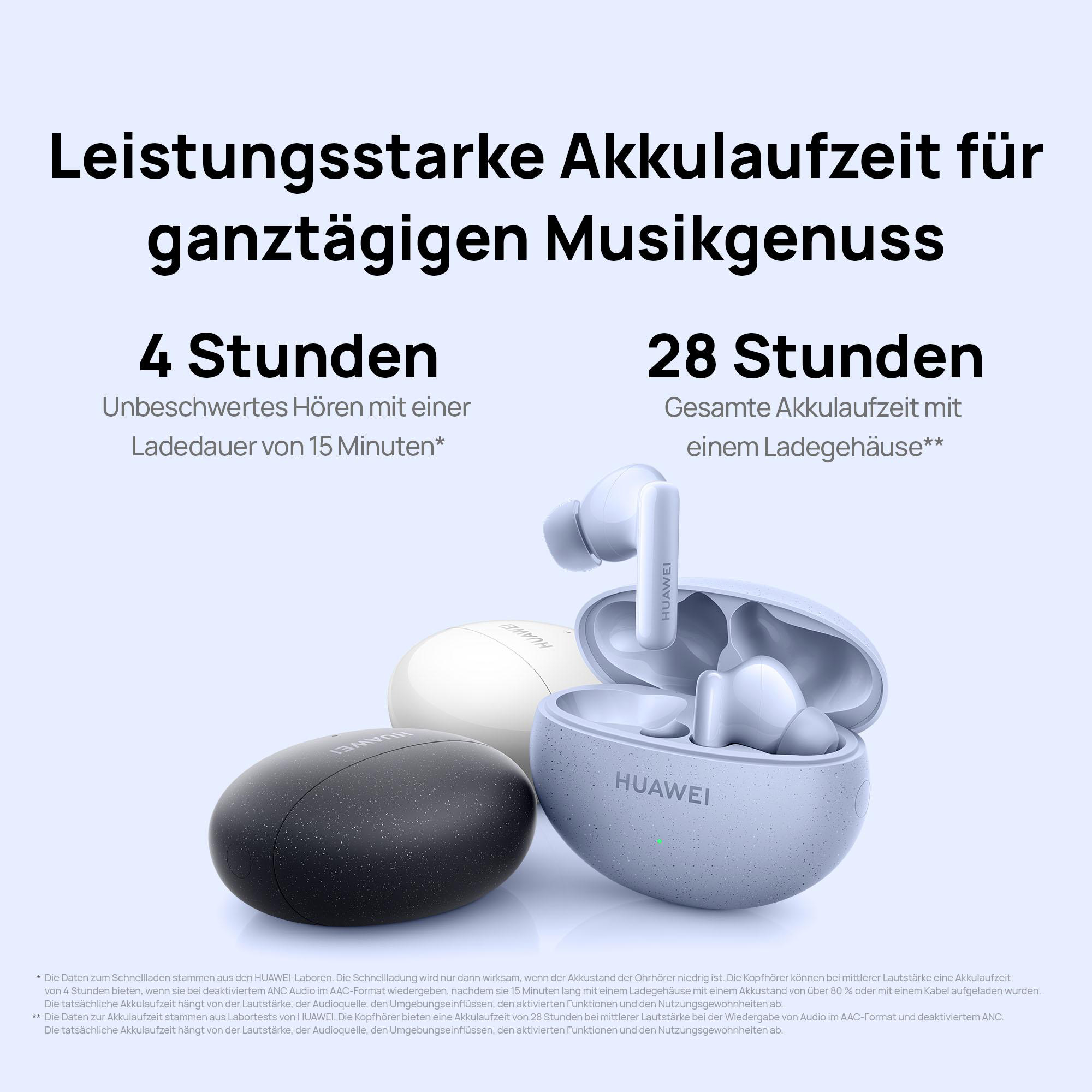 Weiße, schwarze und gesprenkelte Ohrhörer mit Ladecase und Text zur Nutzungsdauer.