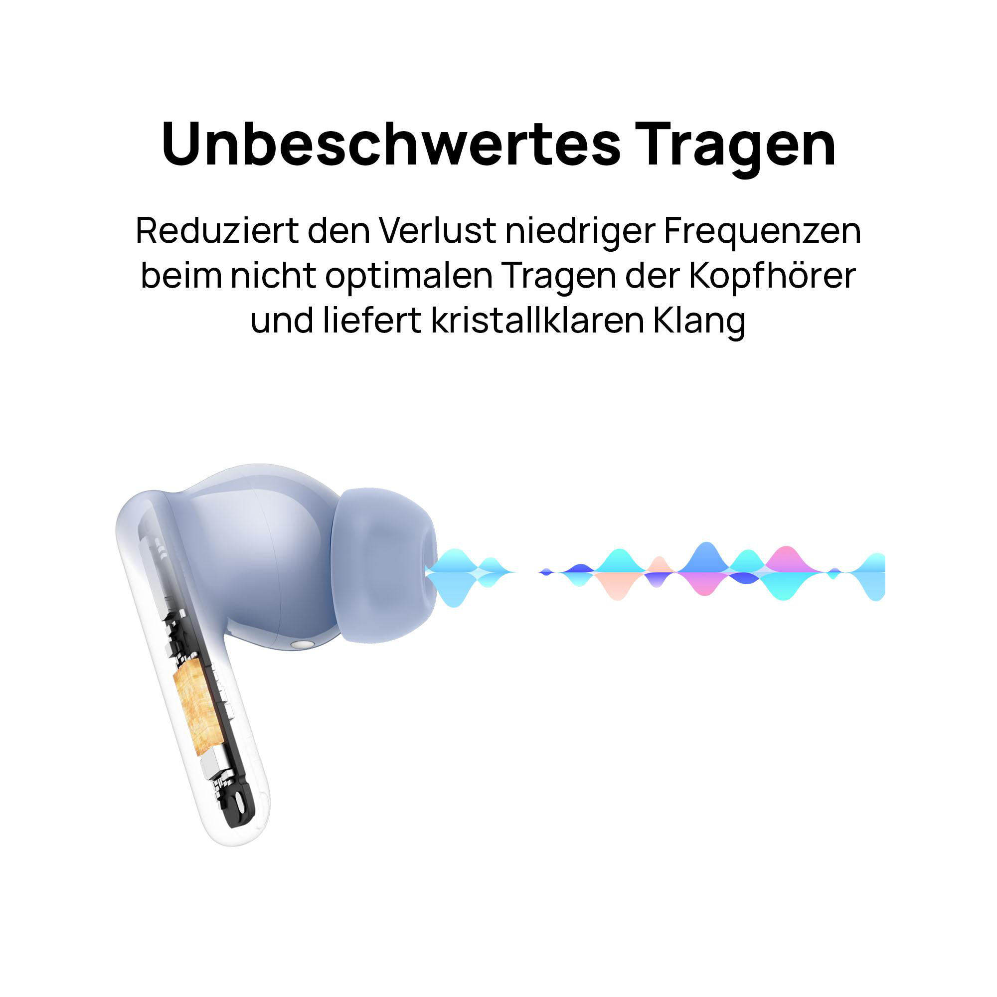 Kabellose Ohrhörer mit Grafik von Schallwellen. Ohrhörer mit transparenten Elementen, weißer Hintergrund.