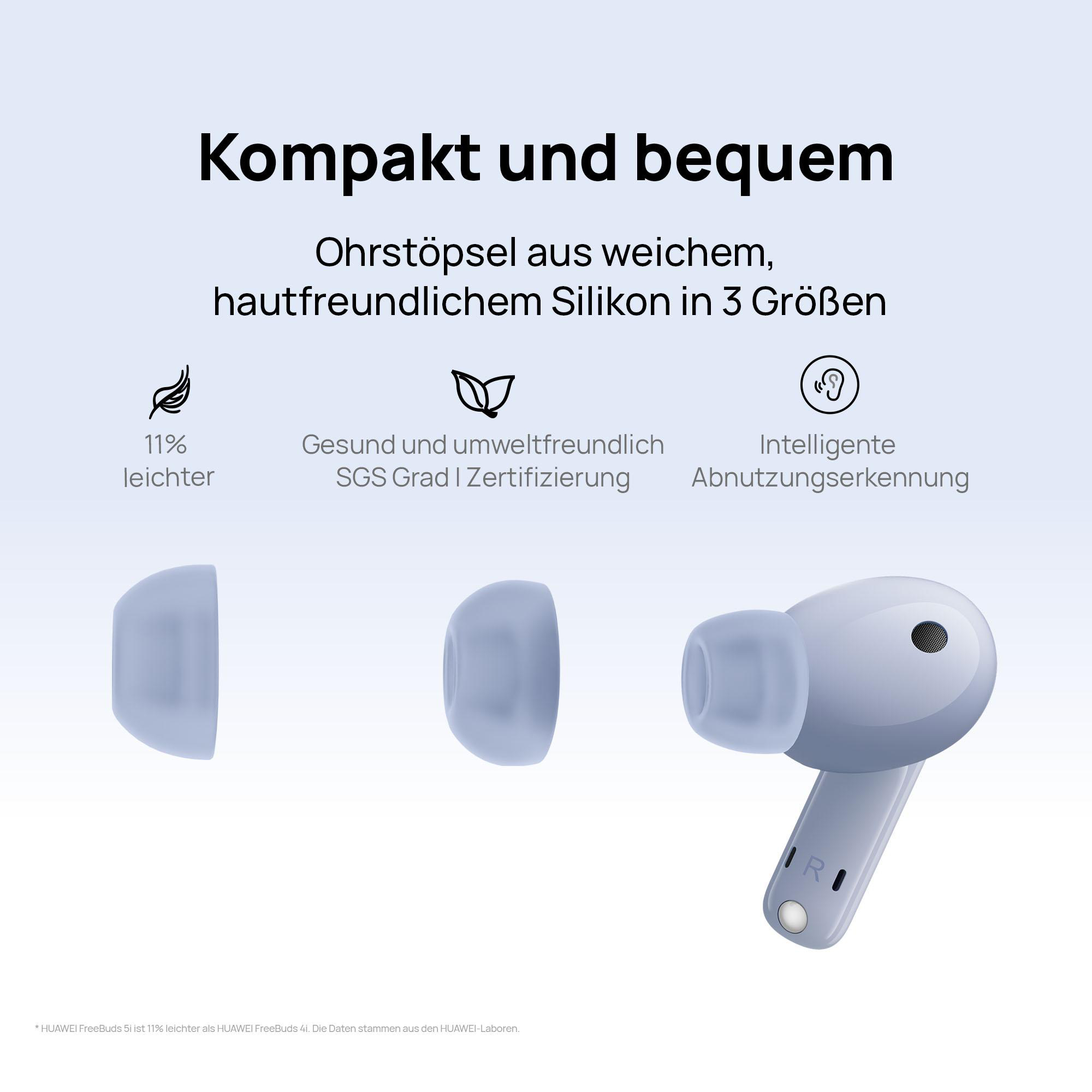 Ohrhörer in drei Größen. Text: kompakt und bequem. Hellblaue Silikon-Ohrhörer und -Etui.