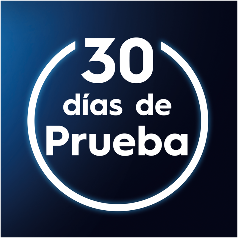 Un fondo azul con un círculo blanco que contiene el texto '30 días de Prueba' en español.