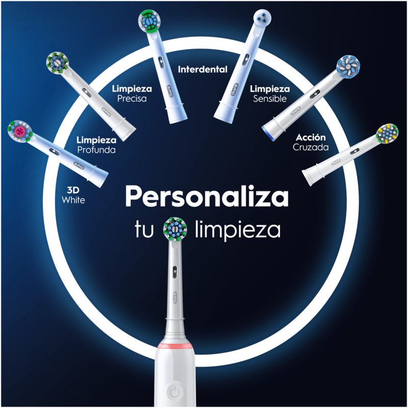 Cepillo de dientes y cabezales. Texto: Personaliza tu limpieza. Diferentes cabezales.