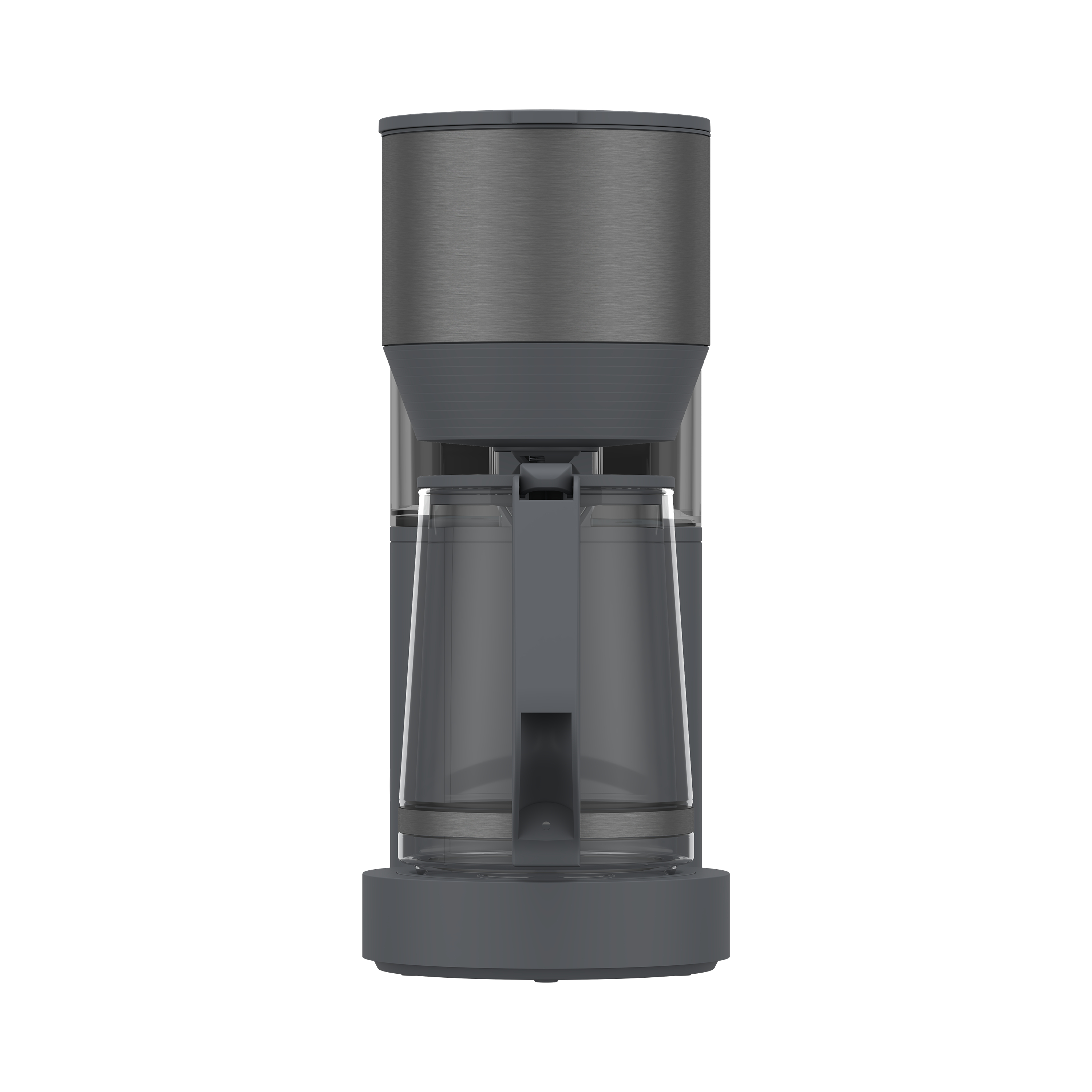 Kaffeemaschine, dunkelgrau, transparente Karaffe. Modernes Design, vertikale Aufnahme. Isoliert auf weißem Hintergrund.