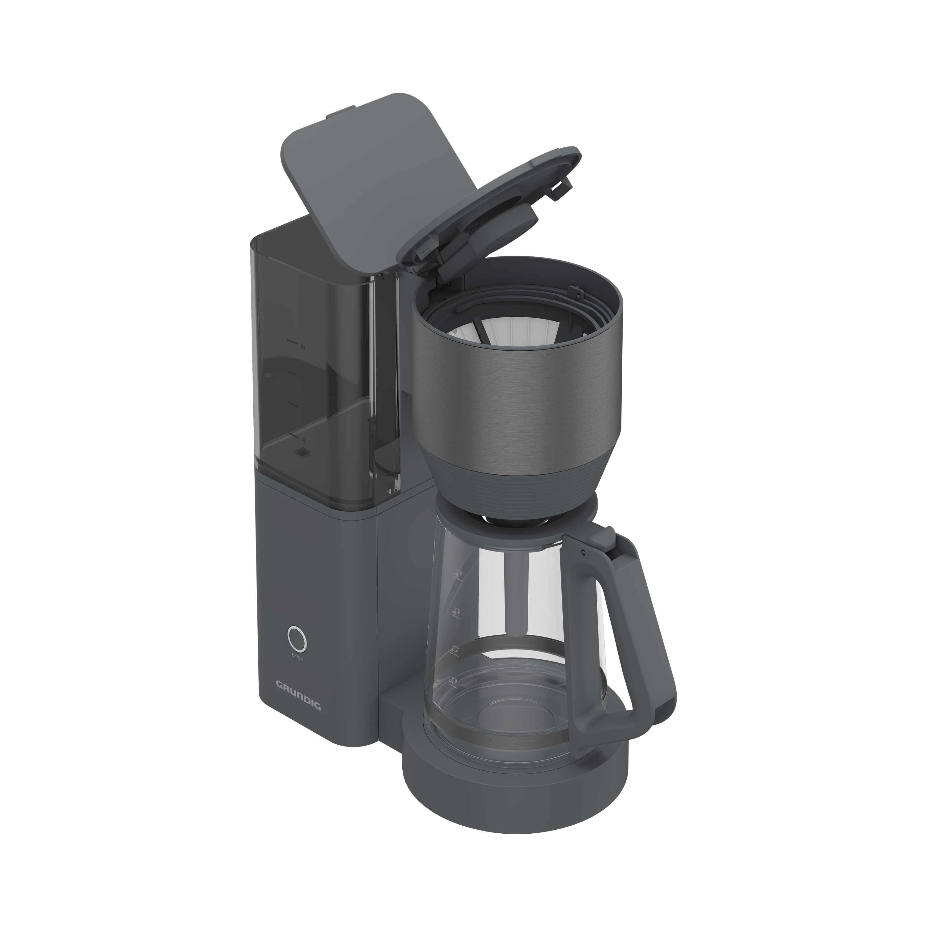 Graue Grundig Kaffeemaschine, mit offenem Wassertank und Karaffe.