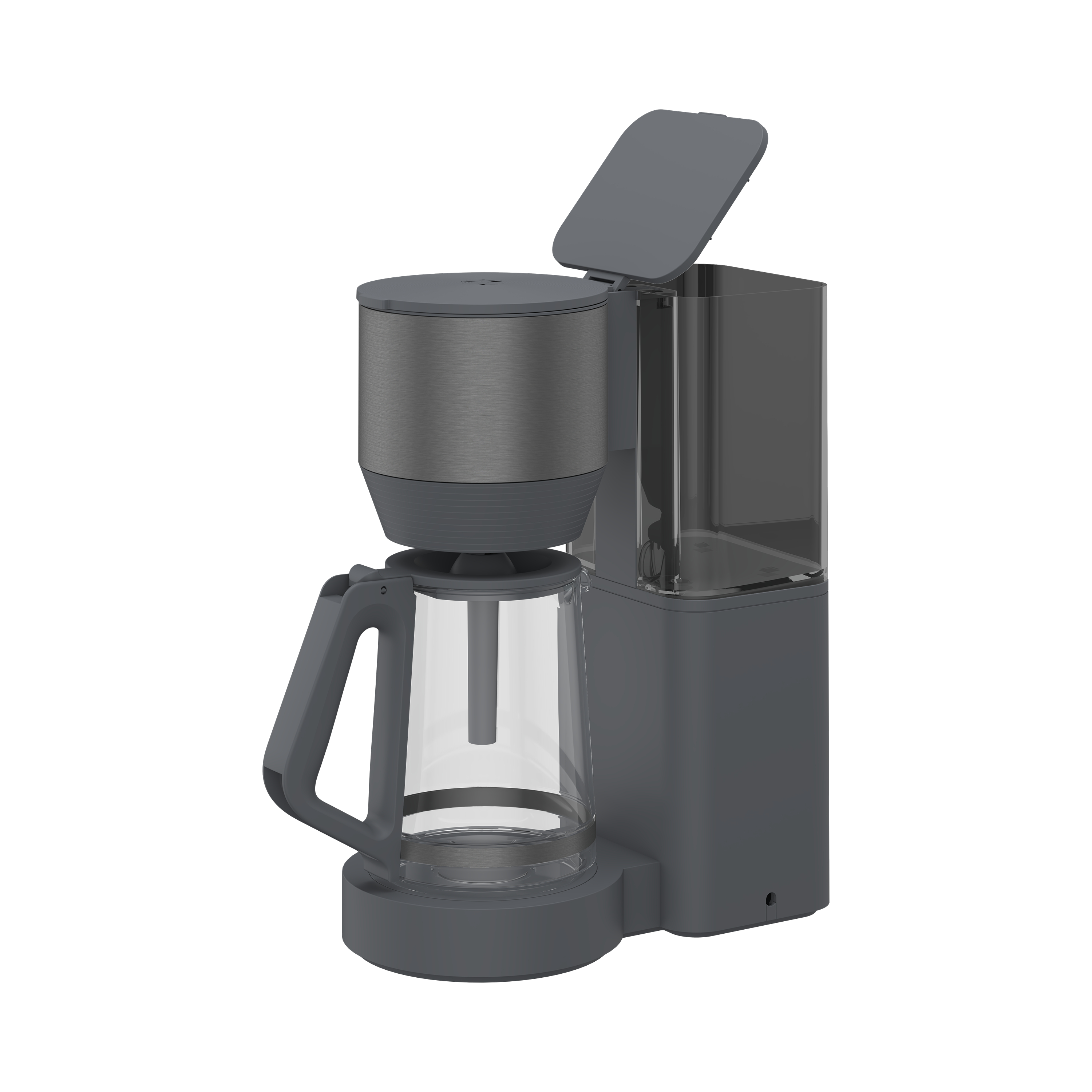 Eine graue Kaffeemaschine mit einer Glaskaraffe auf weißem Hintergrund, mit geöffnetem Deckel.