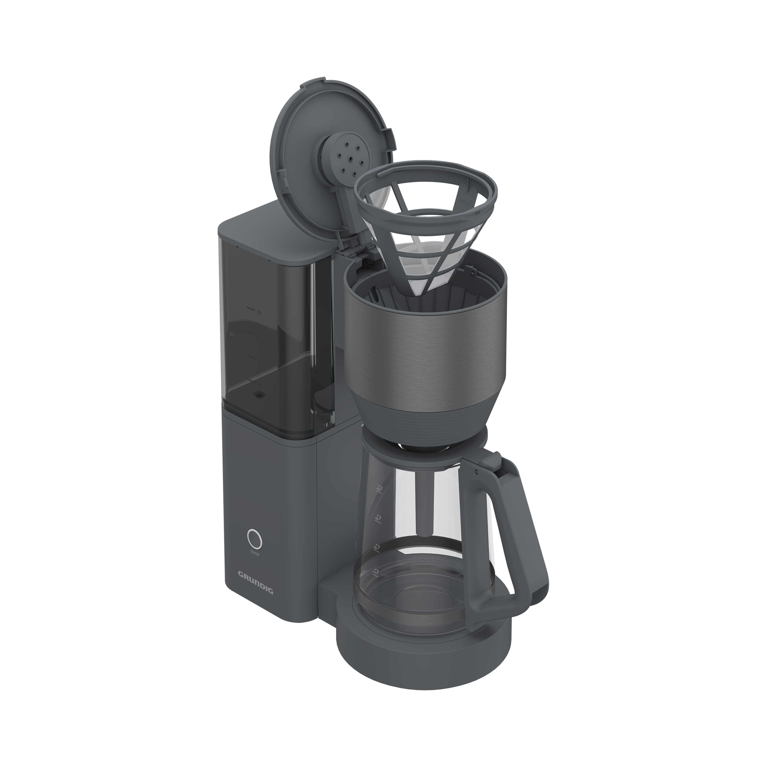 Eine graue Kaffeemaschine mit Glaskaraffe und Filterhalter. Weißer Hintergrund.