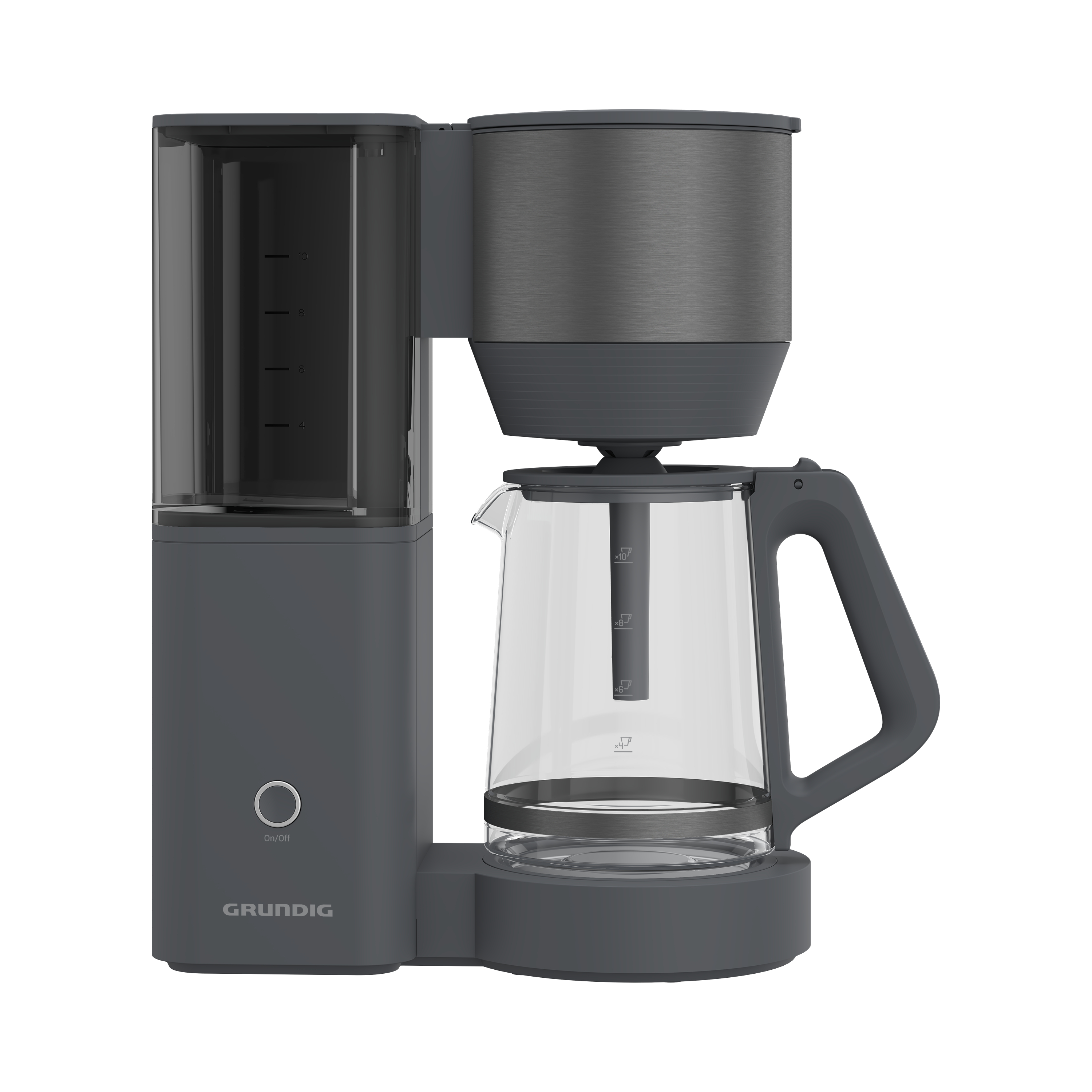 Ein grauer Grundig Kaffeemaschine mit einer durchsichtigen Glaskaraffe. Grauer Hintergrund.