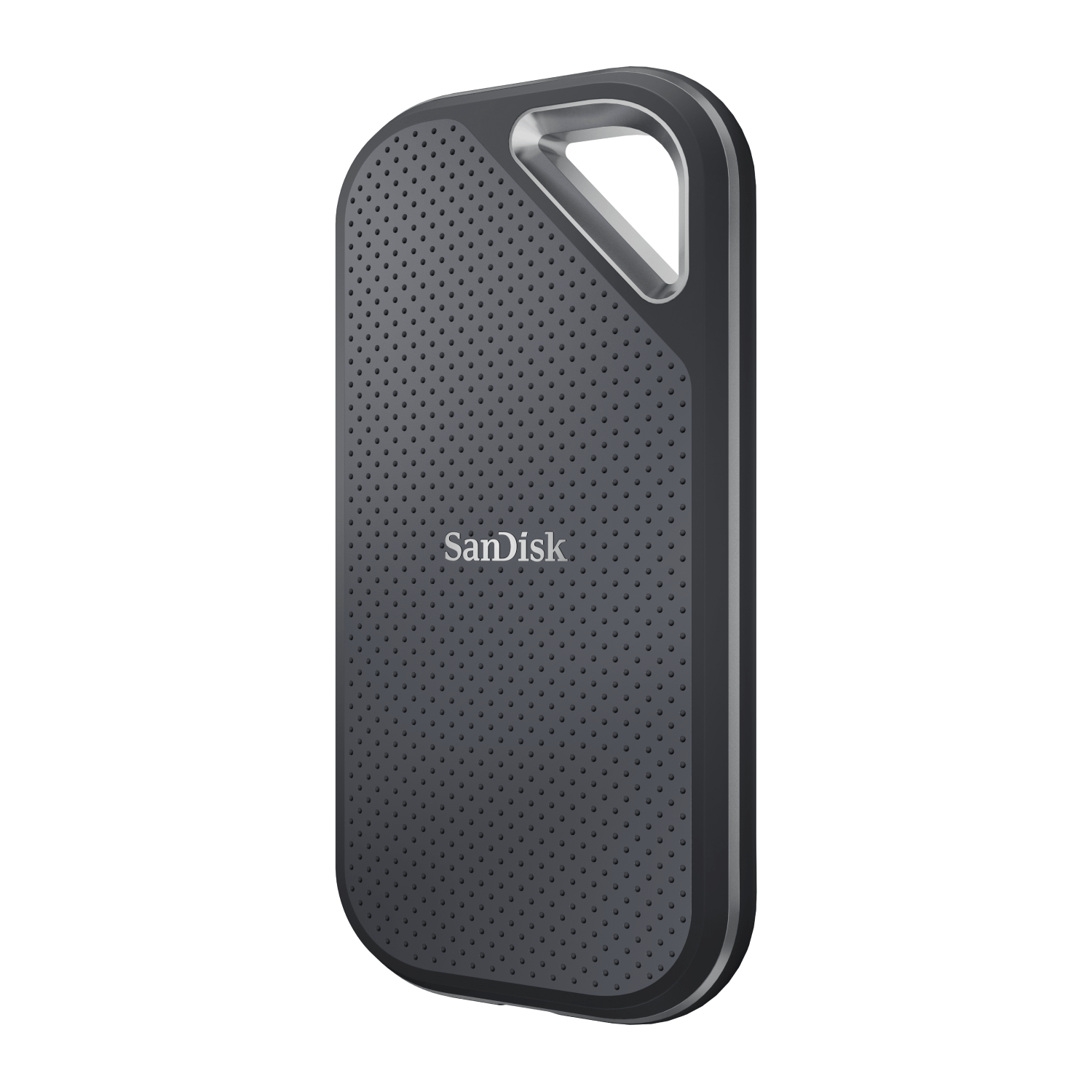Un disco duro externo SanDisk negro y gris con un asa en forma de anillo sobre un fondo blanco.