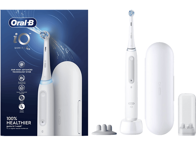 Oral-B iO 4S, 4 Modos de cepillado, Control presión, Estuche De Viaje, Diseñado Por Braun, Blanco