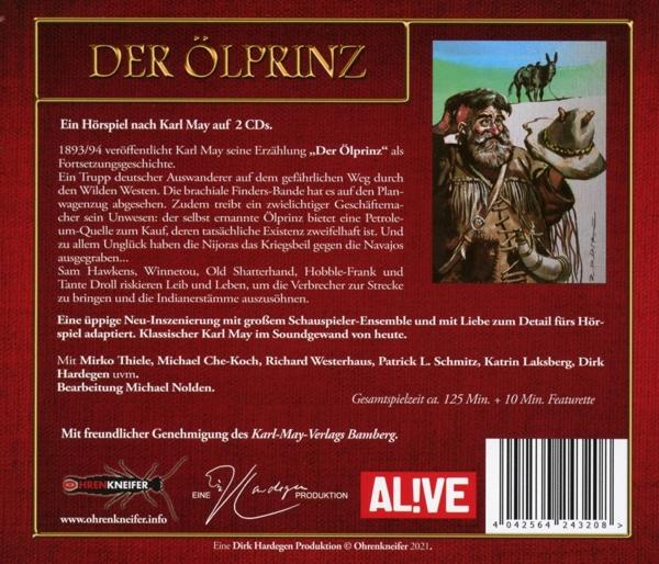 Ein Buchcover mit deutschem Text über eine Geschichte von Karl May, mit einem Bild eines Mannes.