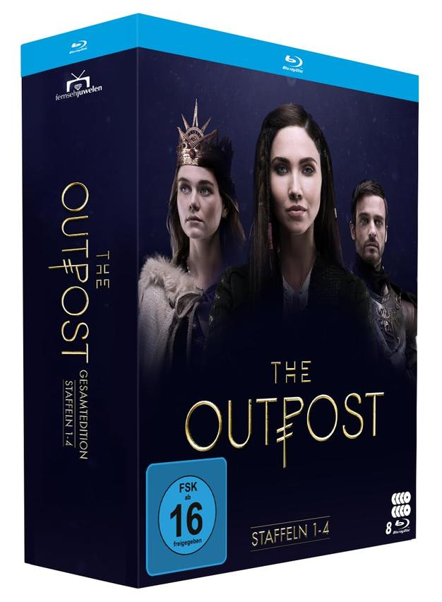 Outpost Blu-ray-Disc-Set in einer blauen Box mit drei Personen darauf.