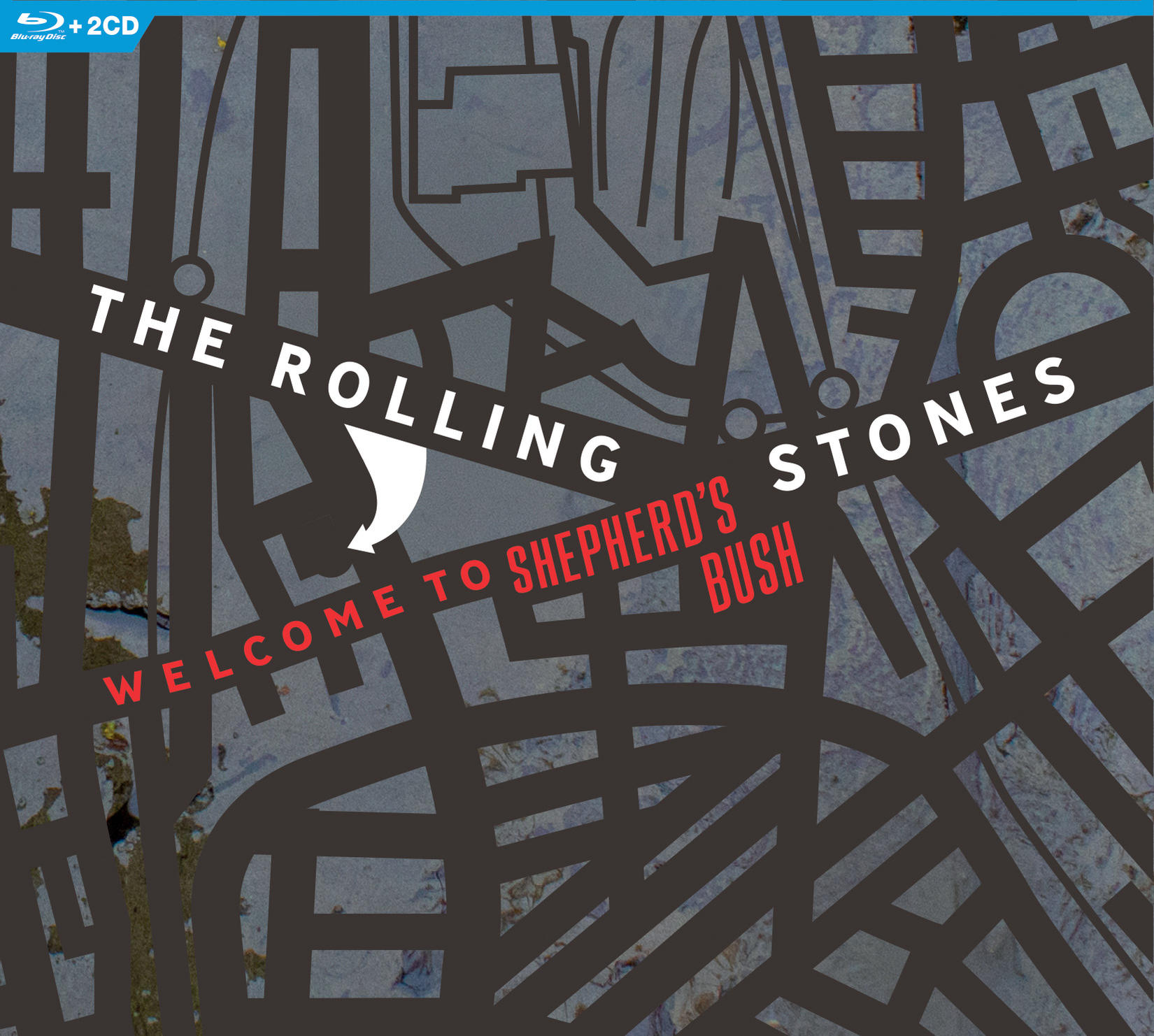 Albumcover mit The Rolling Stones Text und einer Karte auf blauem Hintergrund.