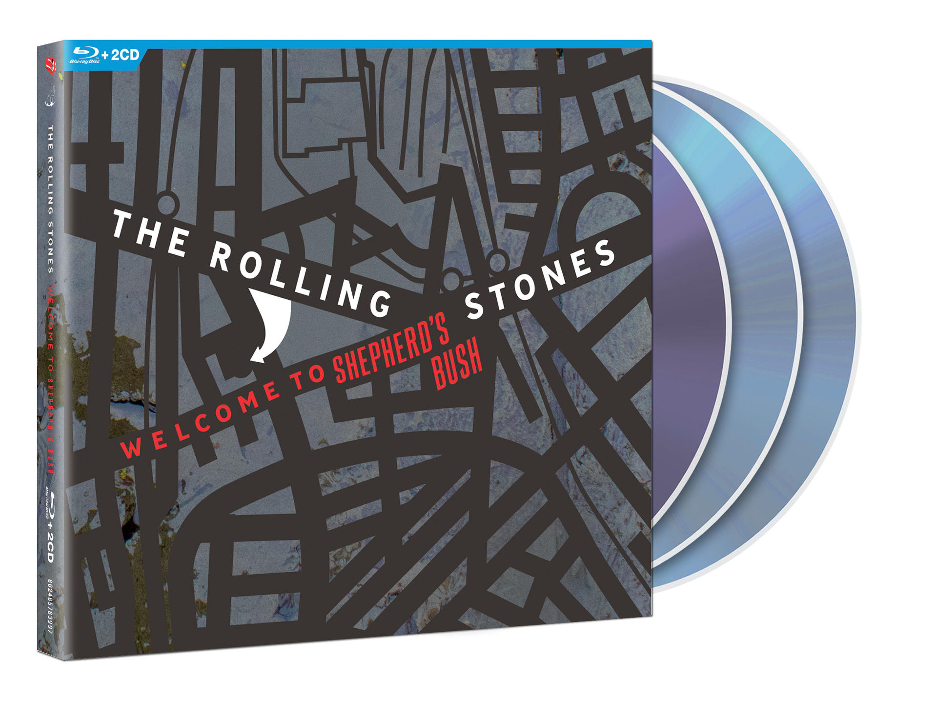 Albumcover für The Rolling Stones, Welcome to Shepherd's Bush, mit 2 CDs. Das Cover hat ein Kartendesign.