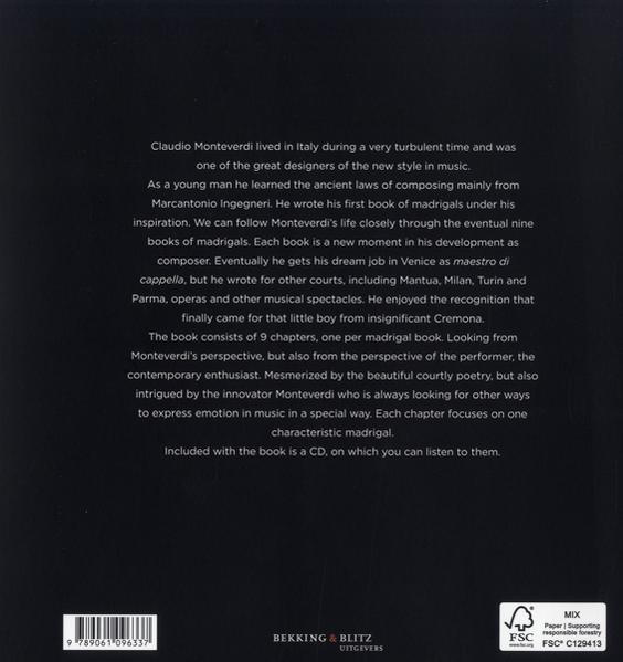 Buch mit Text über Claudio Monteverdi und sein Werk, weißer Hintergrund.