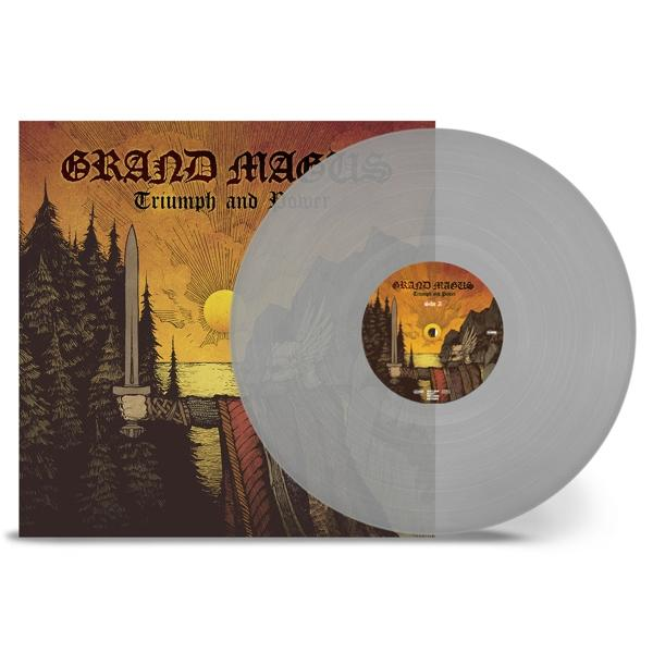 Grand Magus Albumcover, graue Vinyl Schallplatte. Mit Schwert, Sonne und Waldszene. Text auf dem Cover.