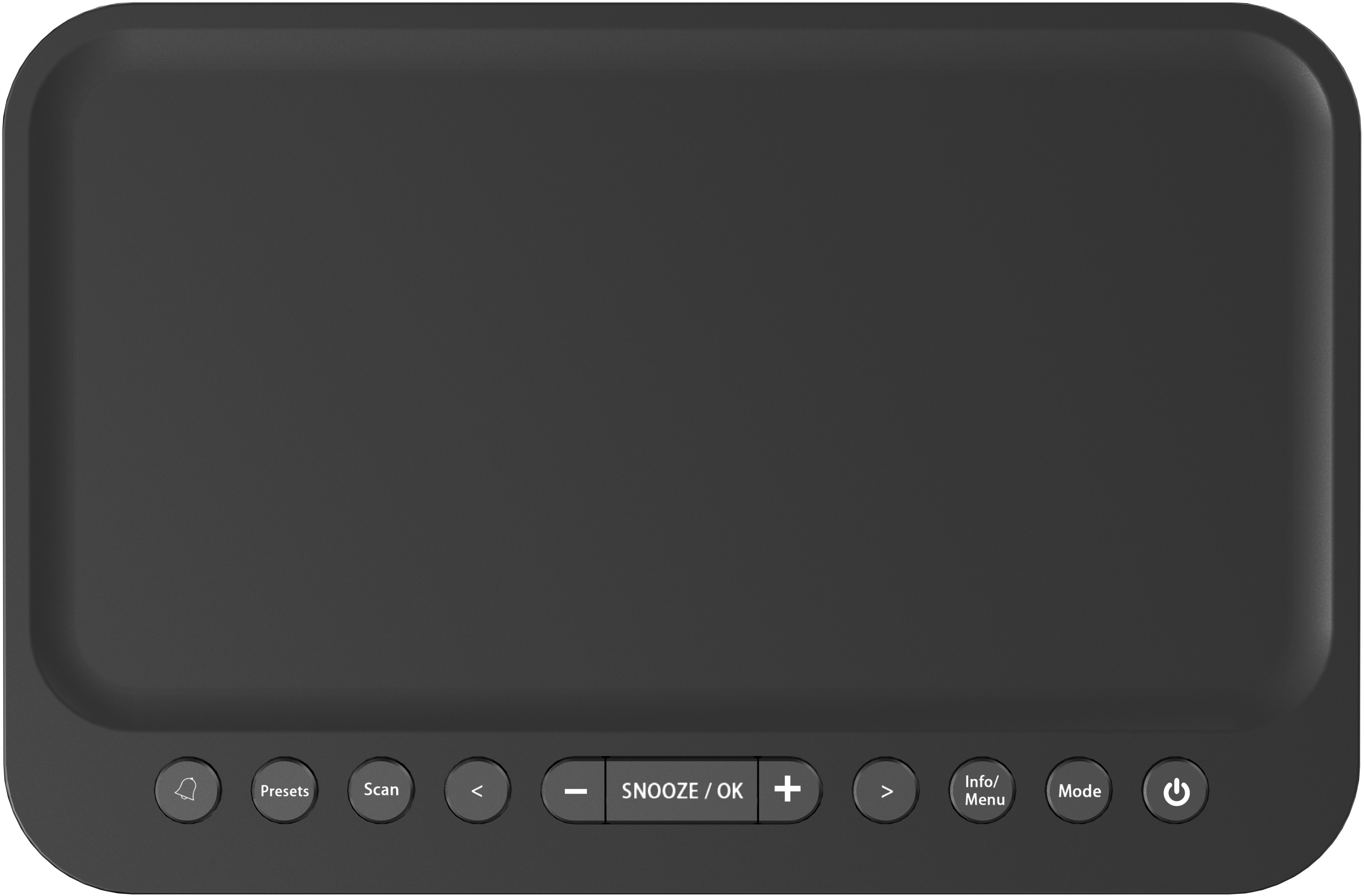 Schwarzer digitaler Wecker. Tasten für Voreinstellungen, Scan, Schlummerfunktion und Modus. Schwarz.