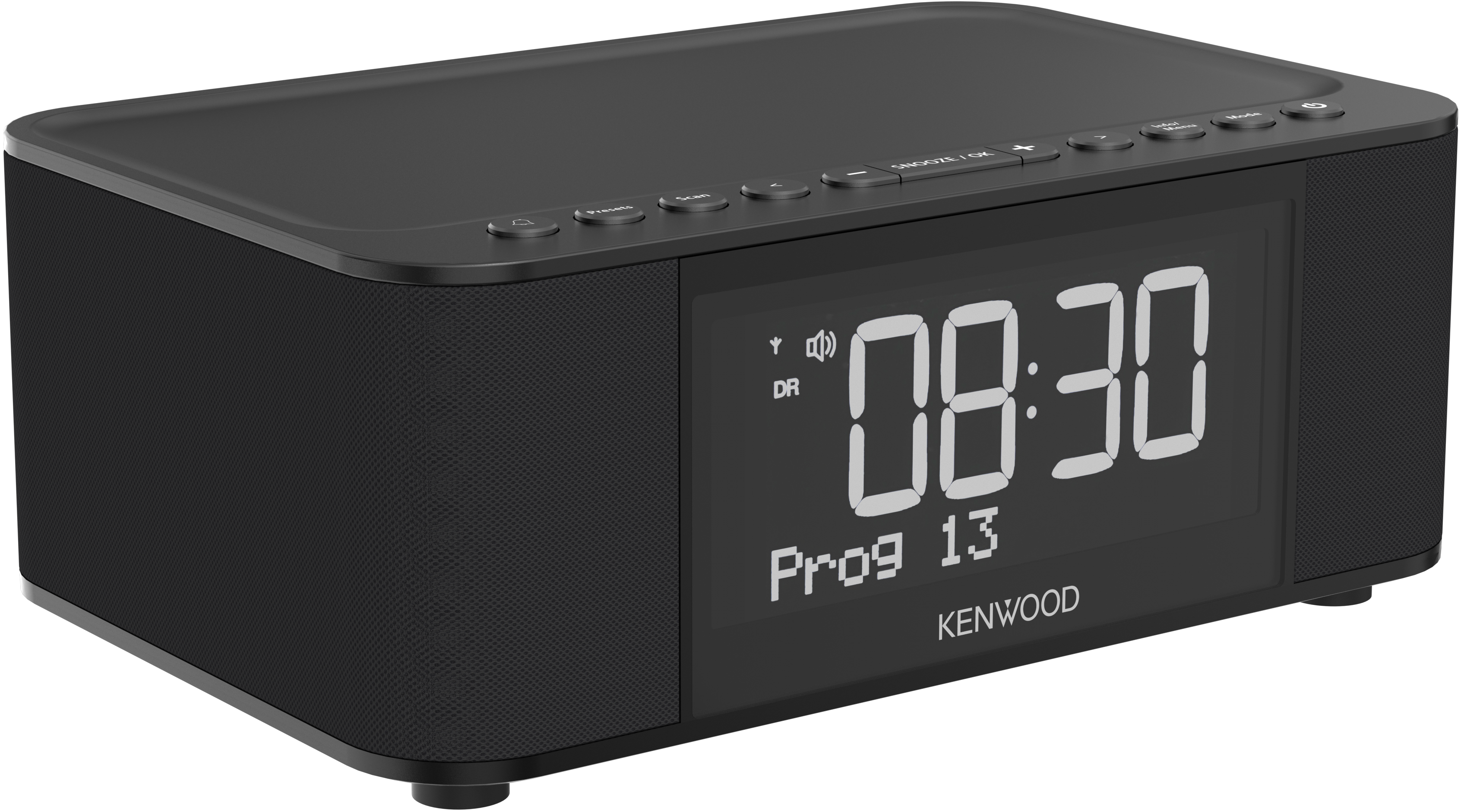 Ein schwarzer digitaler Kenwood-Wecker, der 08:30 und 'Prog 13' anzeigt. Er steht auf einer weißen Oberfläche.