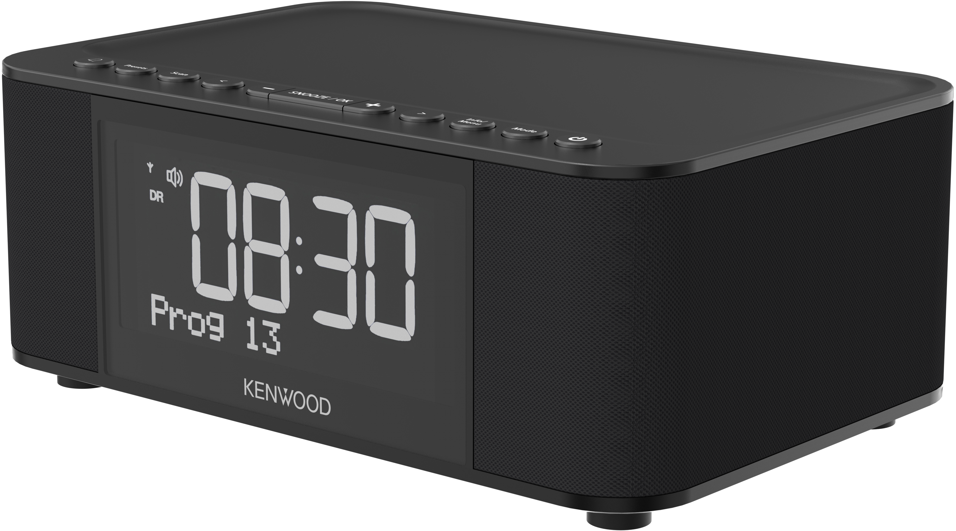 Schwarzer Kenwood-Wecker mit Digitalanzeige, die Zeit und Programm anzeigt. Tasten oben.