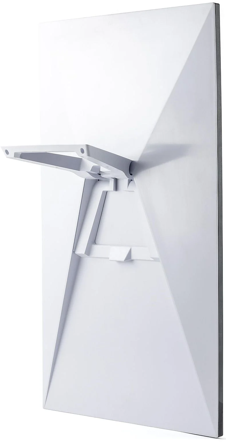 Antenna TV bianca con supporto a cerniera, vista angolata.