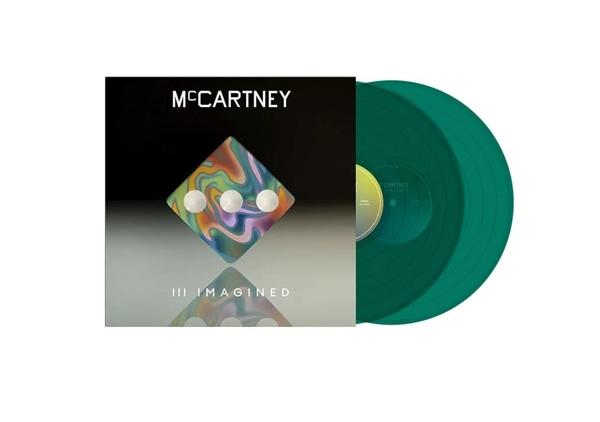 Vinyl-Schallplatten-Albumcover. Grüne Schallplatten sind sichtbar. Der Albumtitel ist "McCartney III Imagined".
