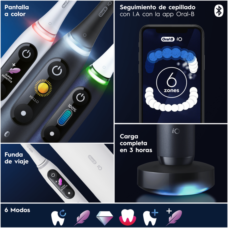 Cepillos de dientes eléctricos con pantalla, aplicación móvil y base de carga. Seis modos.