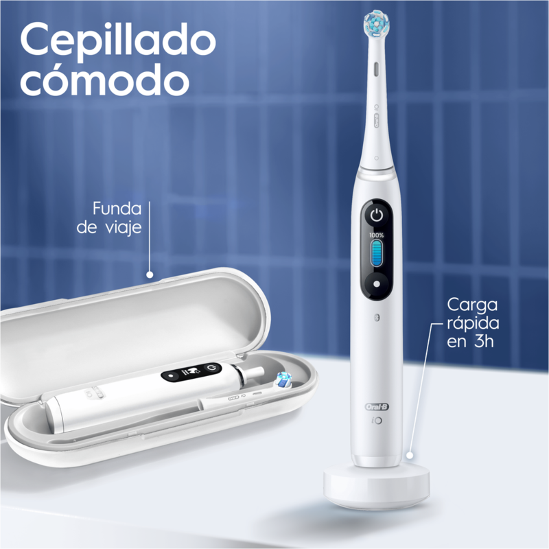 Cepillo de dientes eléctrico y estuche de viaje. Cepillo blanco en base. Texto 'Cepillado cómodo'.