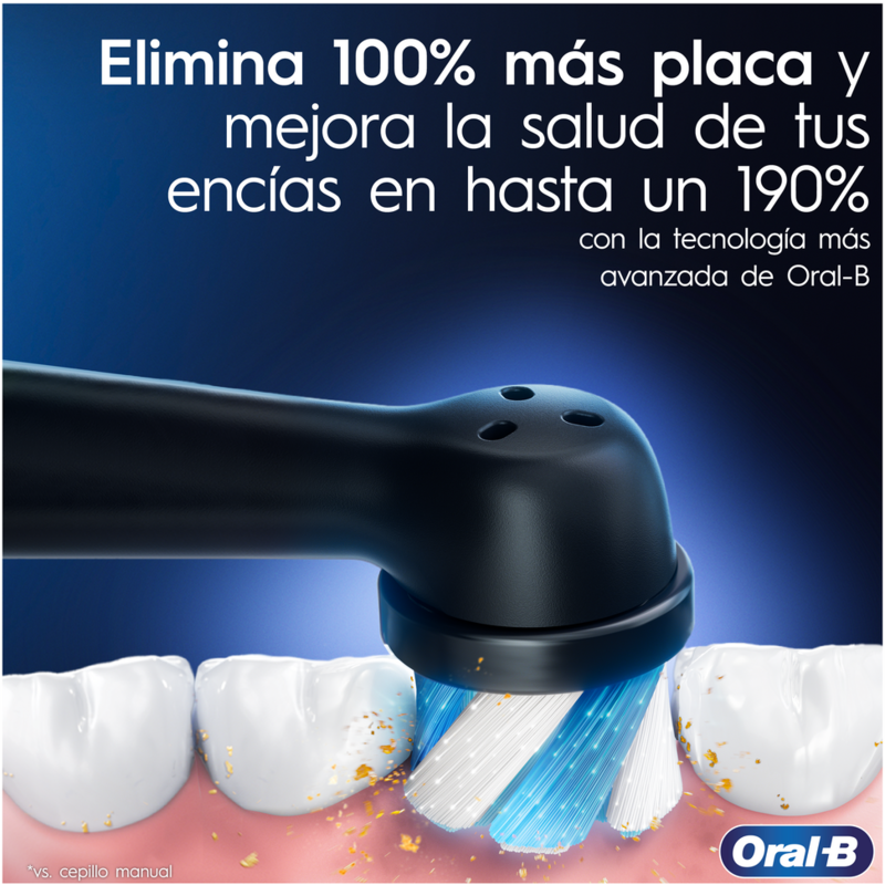 Primer plano del cabezal de un cepillo de dientes Oral-B limpiando dientes, con texto sobre eliminación de placa y salud gingival.