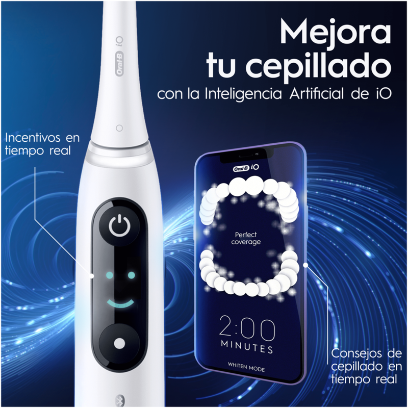 Cepillo de dientes eléctrico Oral-B blanco con un teléfono mostrando limpieza dental. Texto: Mejora el cepillado.