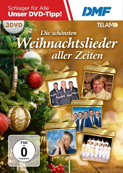 DVD-Cover mit Weihnachtsbaum und Bildern von Sängern. Titel: Die schönsten Weihnachtslieder aller Zeiten.