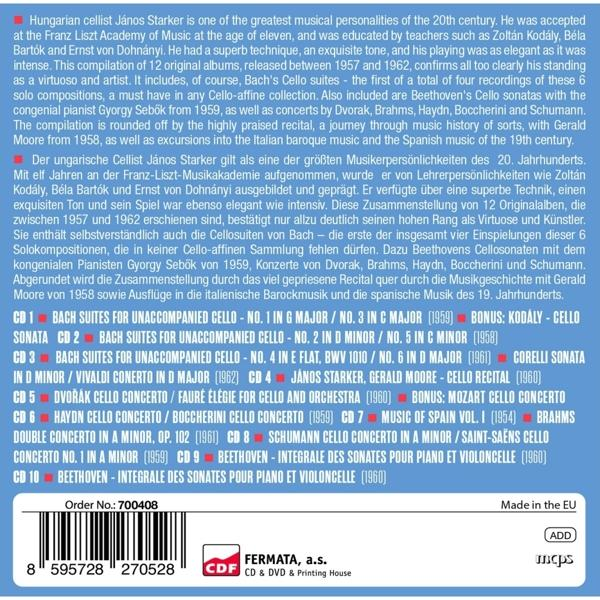 Text mit Englisch und Deutsch, auf weißem Hintergrund. Listen von Musikwerken von Janos Starker und anderen Künstlern.