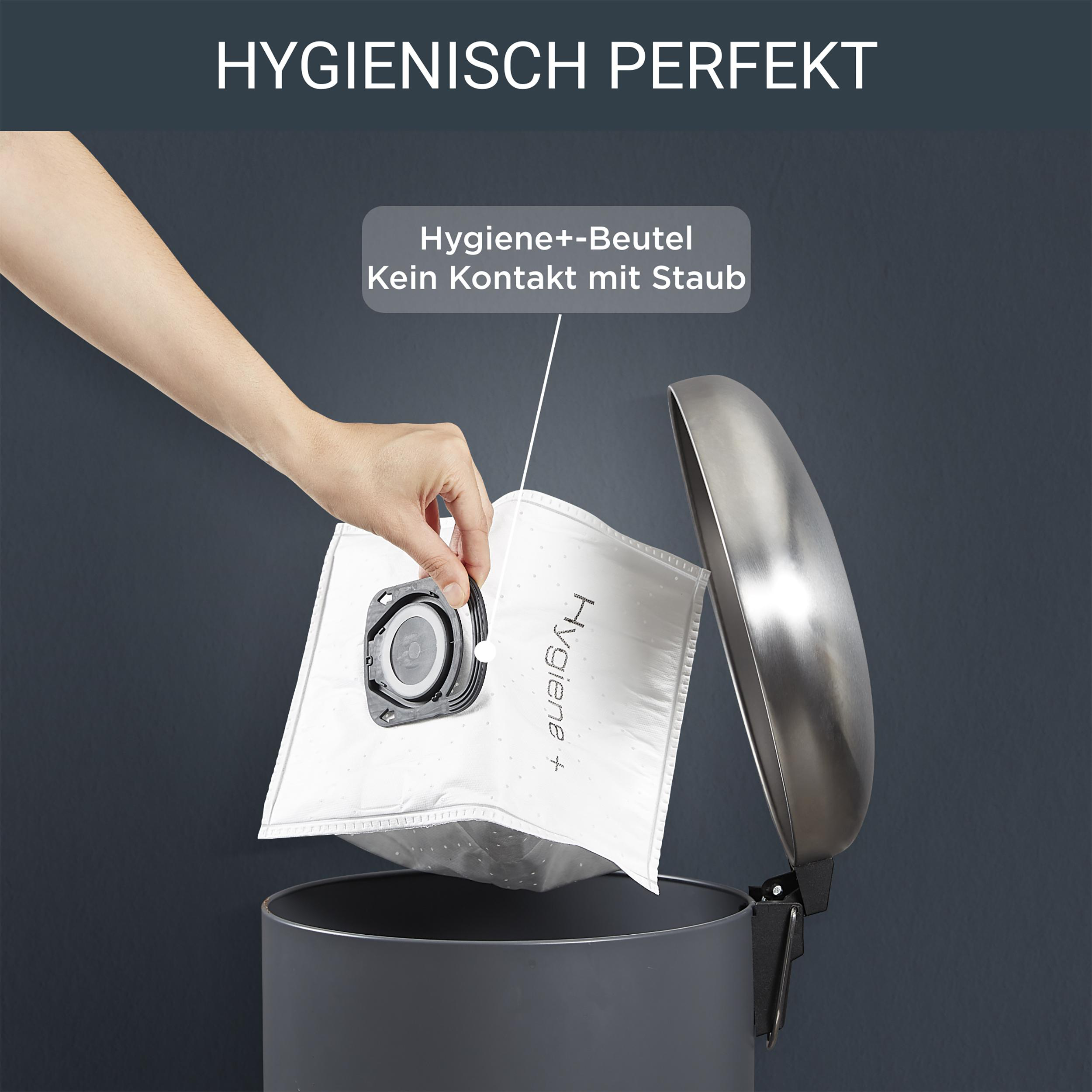 Eine Hand legt einen Hygienebeutel in einen Mülleimer. Text: Hygienisch perfekt, kein Staubkontakt.