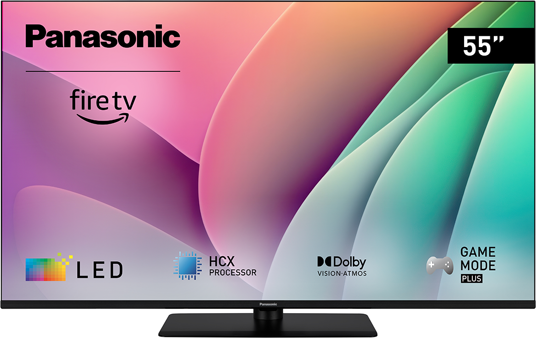 55" Panasonic Fire TV, képernyő, szöveg, logó, fekete keret, fehér háttér.