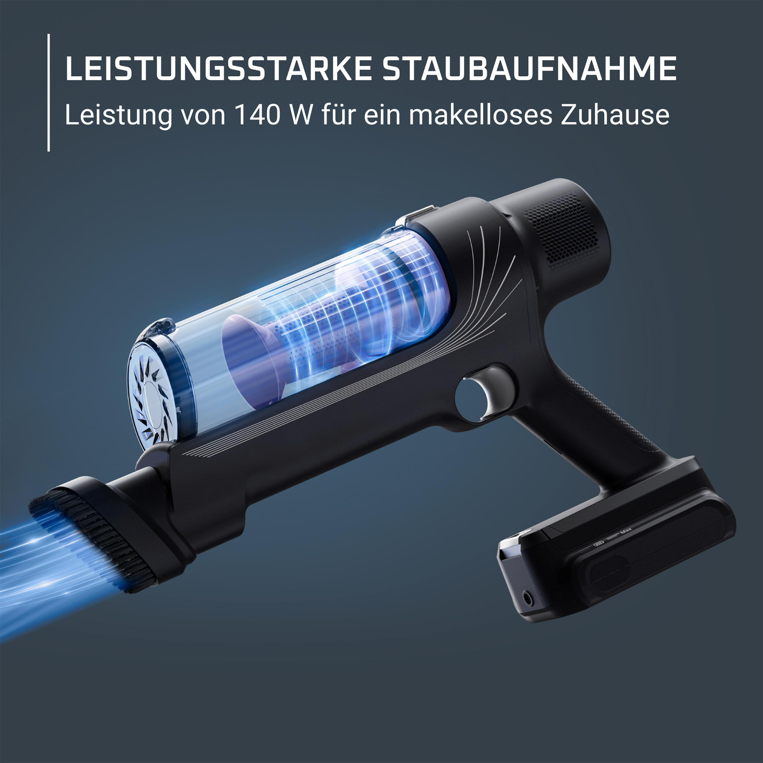 Kabelloser Staubsauger mit Blaulichteffekt. Text: Leistungsstarke Staubaufnahme.