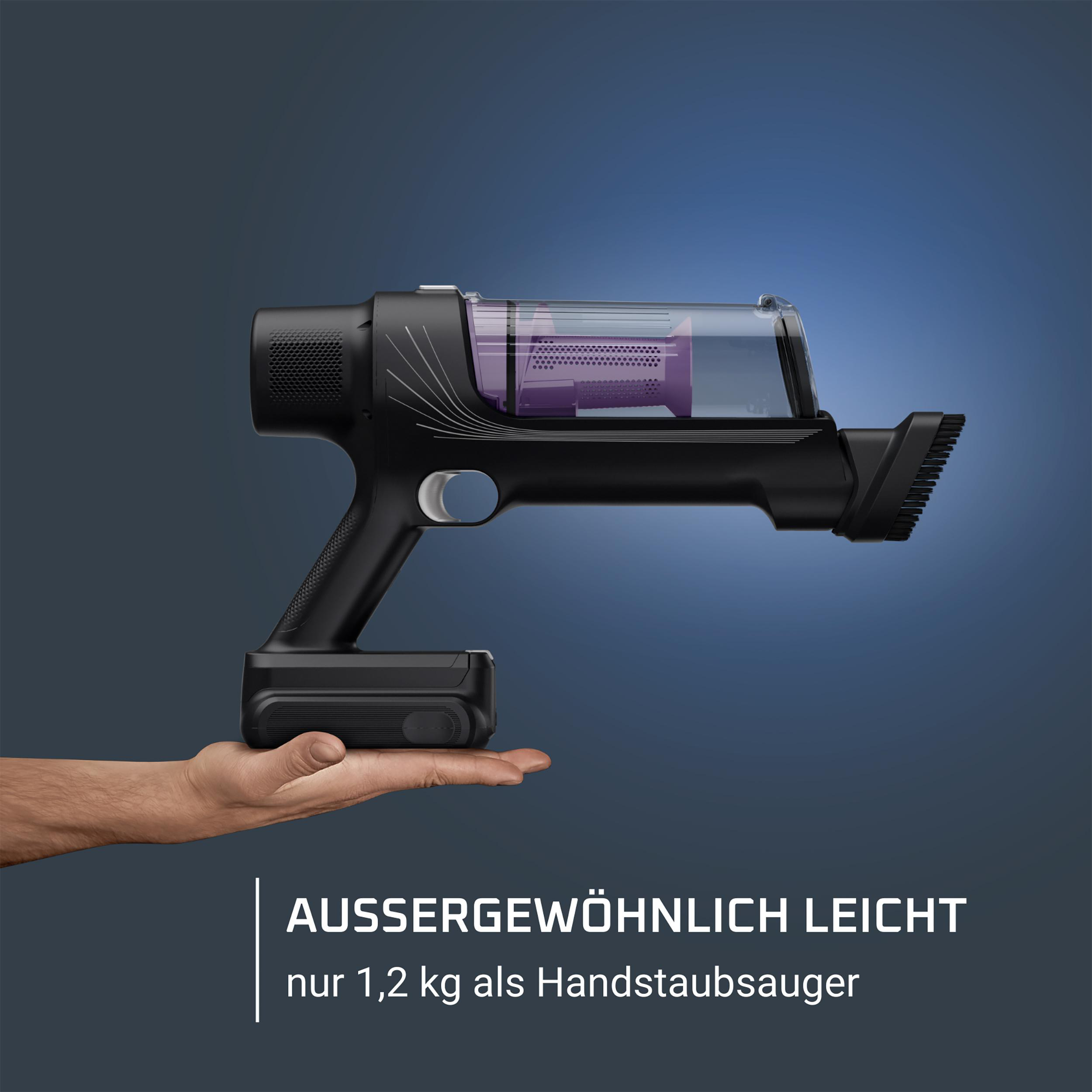 Schwarzer Akku-Staubsauger in der Hand, Text: außergewöhnlich leicht.